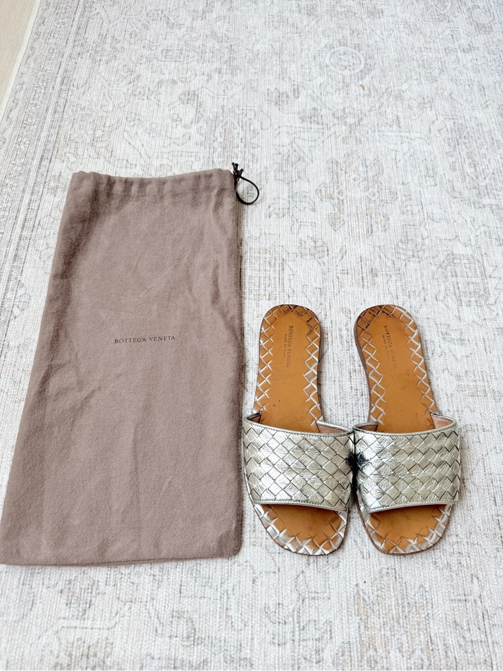 Bottega Veneta Metallic Silver Woven Slide Sandals